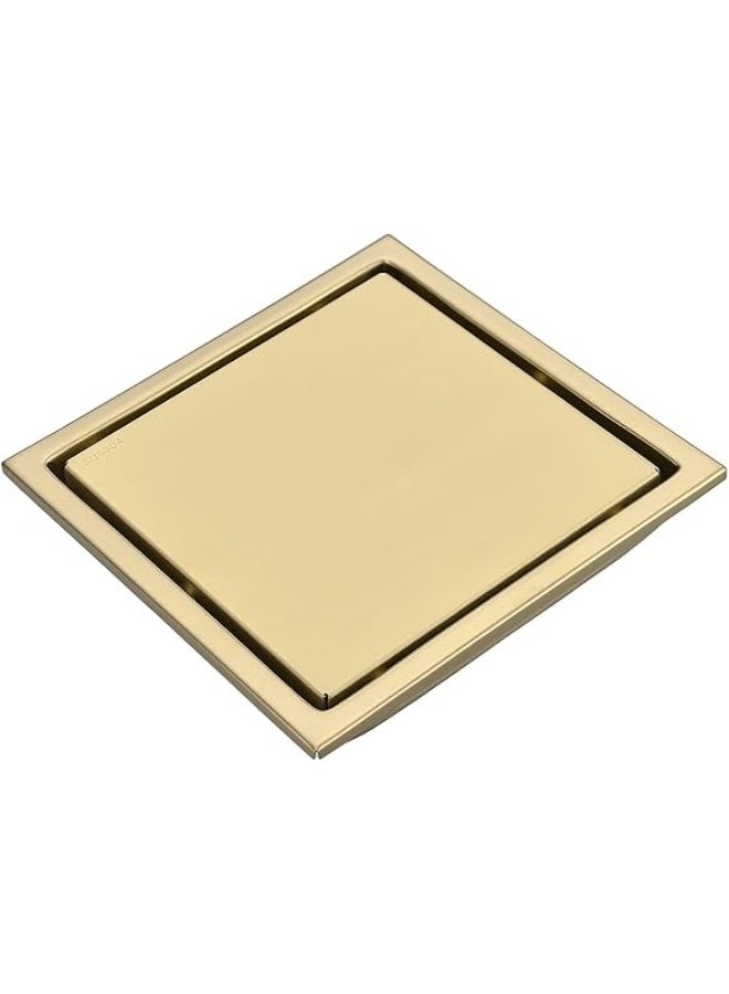 المفتاحة فتحة تصريف أرضية مربعة الشكل مقاس 6 بوصات، غطاء شبكي مخفي يُركّب داخل البلاط، بلمسة نهائية ذهبية مصقولة، مصنوعة من الفولاذ المقاوم للصدأ SUS 304، قابلة للإزالة ومقاومة للصدأ، مناسبة للحمامات أو غرف الاستحمام الرطبة. - Image 1